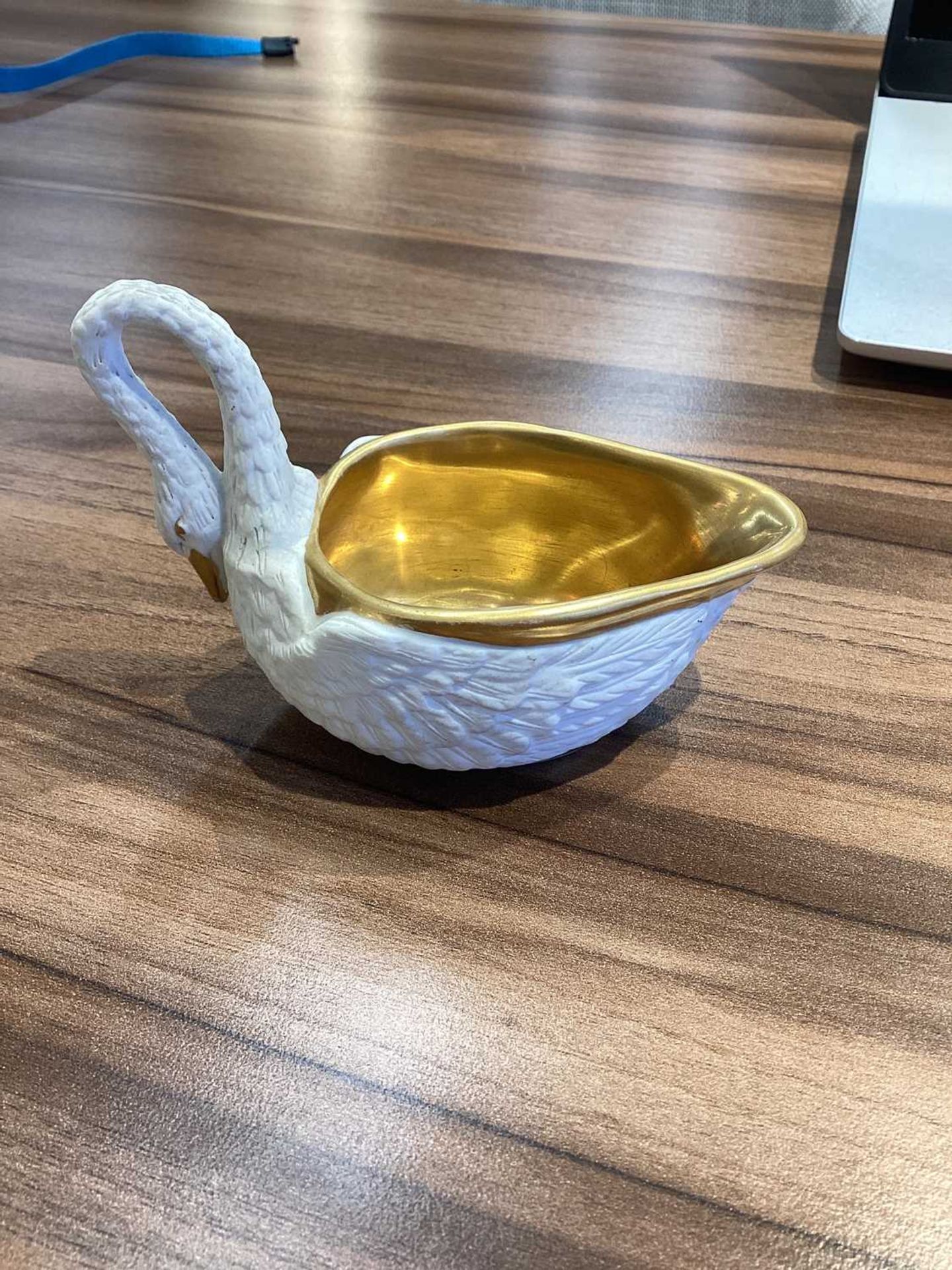 A Vienna bisque porcelain swan sauce boat early 20th century, with a gilded interior, based on an - Bild 17 aus 21