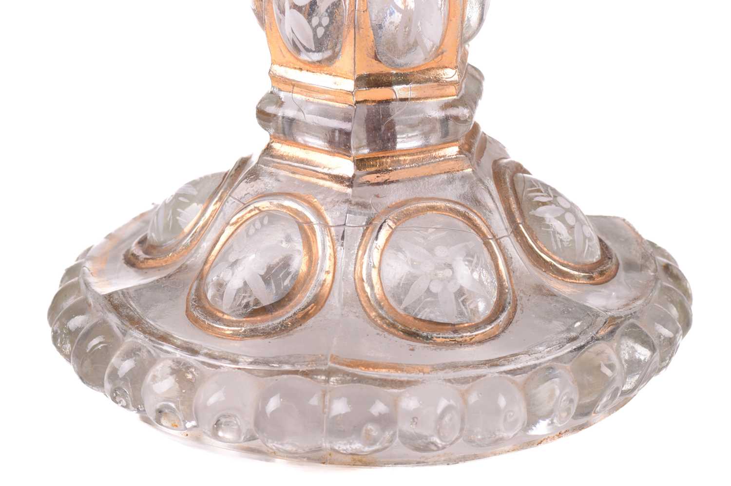 A pair of Victorian glass storm lights, with white enamel floral decoration and gilt highlights, the - Image 6 of 16