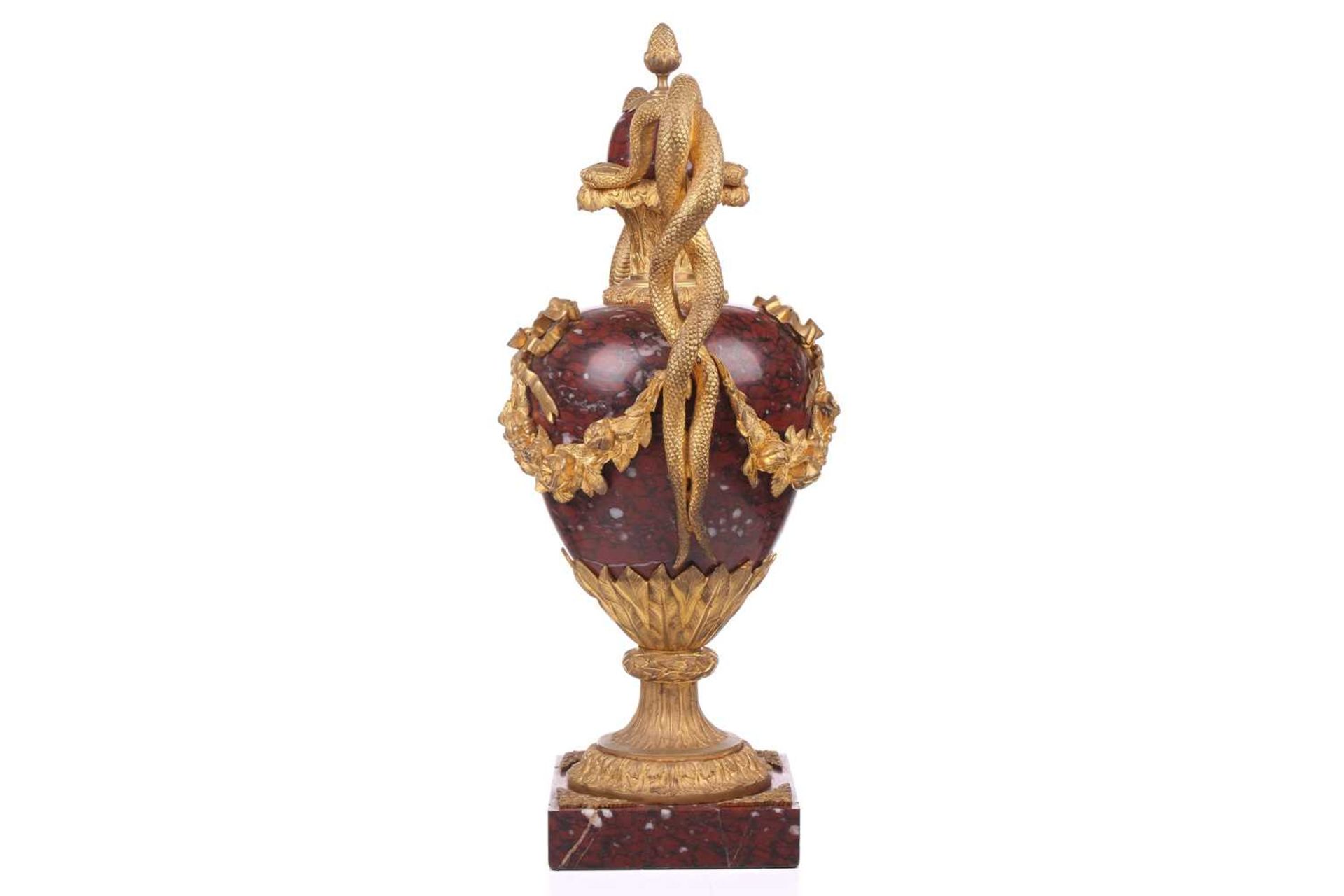 A pair of fine large Napoleon III rouge marble and ormolu serpent-handled urns and covers, each body - Image 15 of 31