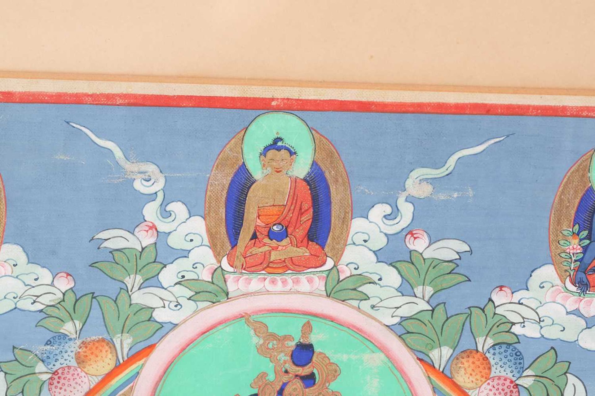 A 19th century Tibetan Buddhist Thangka, 35 cm x 28 cm glazed in an oak frame, together with a - Image 11 of 12