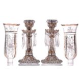 A pair of Victorian glass storm lights, with white enamel floral decoration and gilt highlights, the