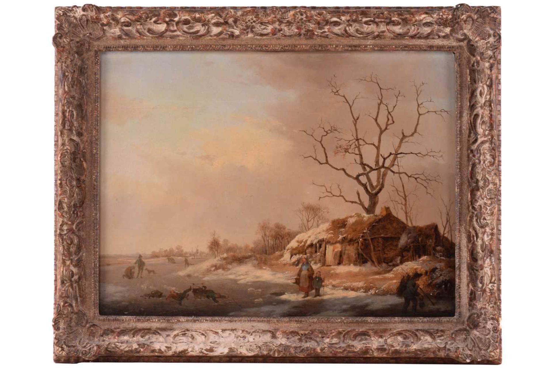 Late 18th / early 19th-century Dutch school, figures on an icy lake, unsigned oil on board, 30.5