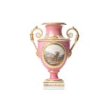 A 19th-century Derby porcelain twin-handled vase, with a hand-painted view of Rievaulx Abbey,