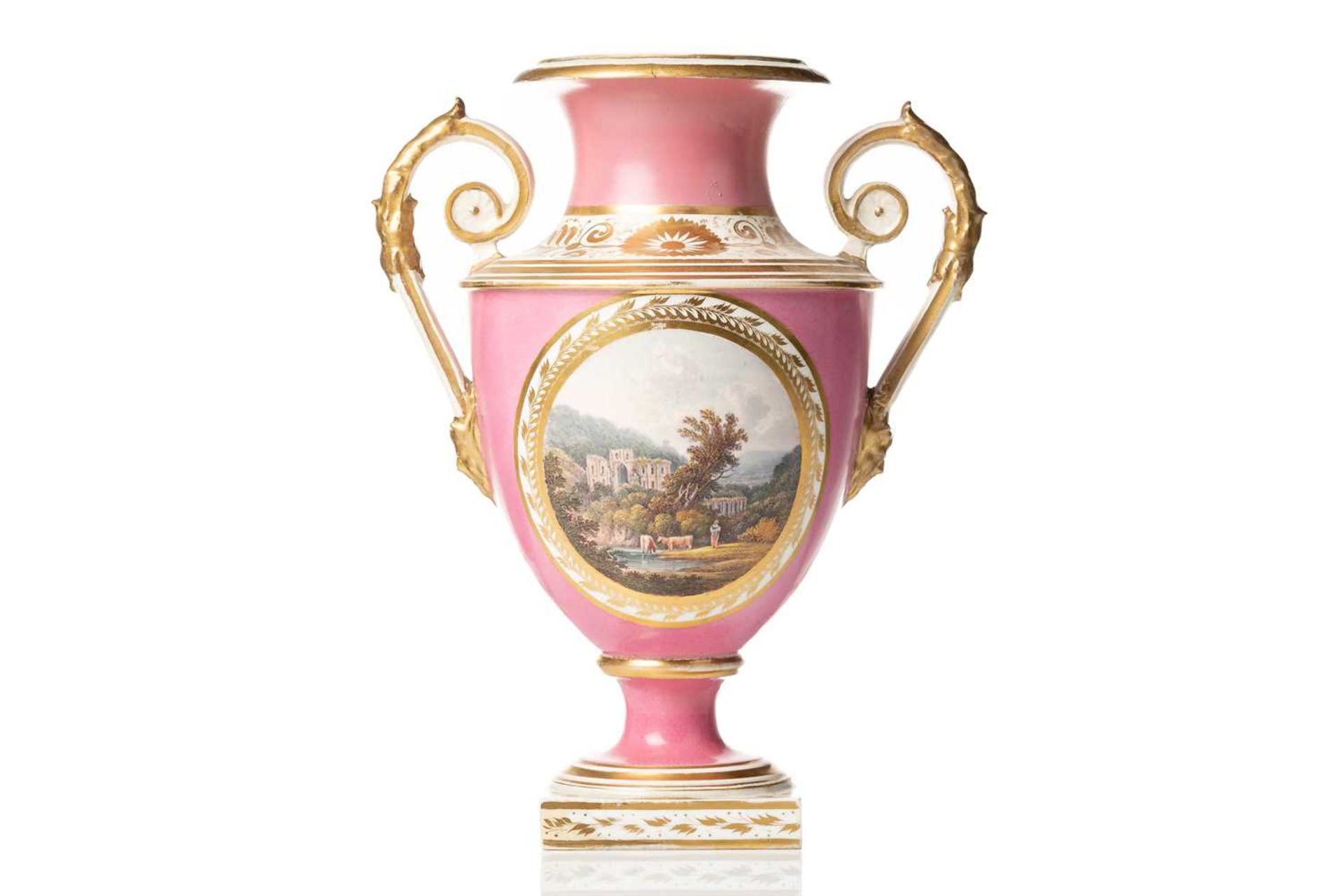 A 19th-century Derby porcelain twin-handled vase, with a hand-painted view of Rievaulx Abbey,