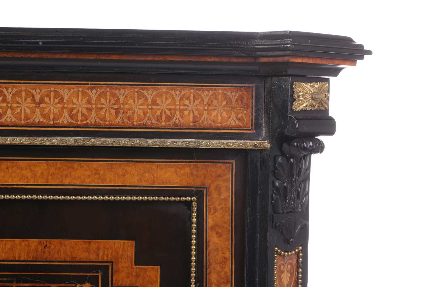 In the manner of Jackson & Graham, London, an ebonized and burr oak banded breakfront credenza, - Image 10 of 11