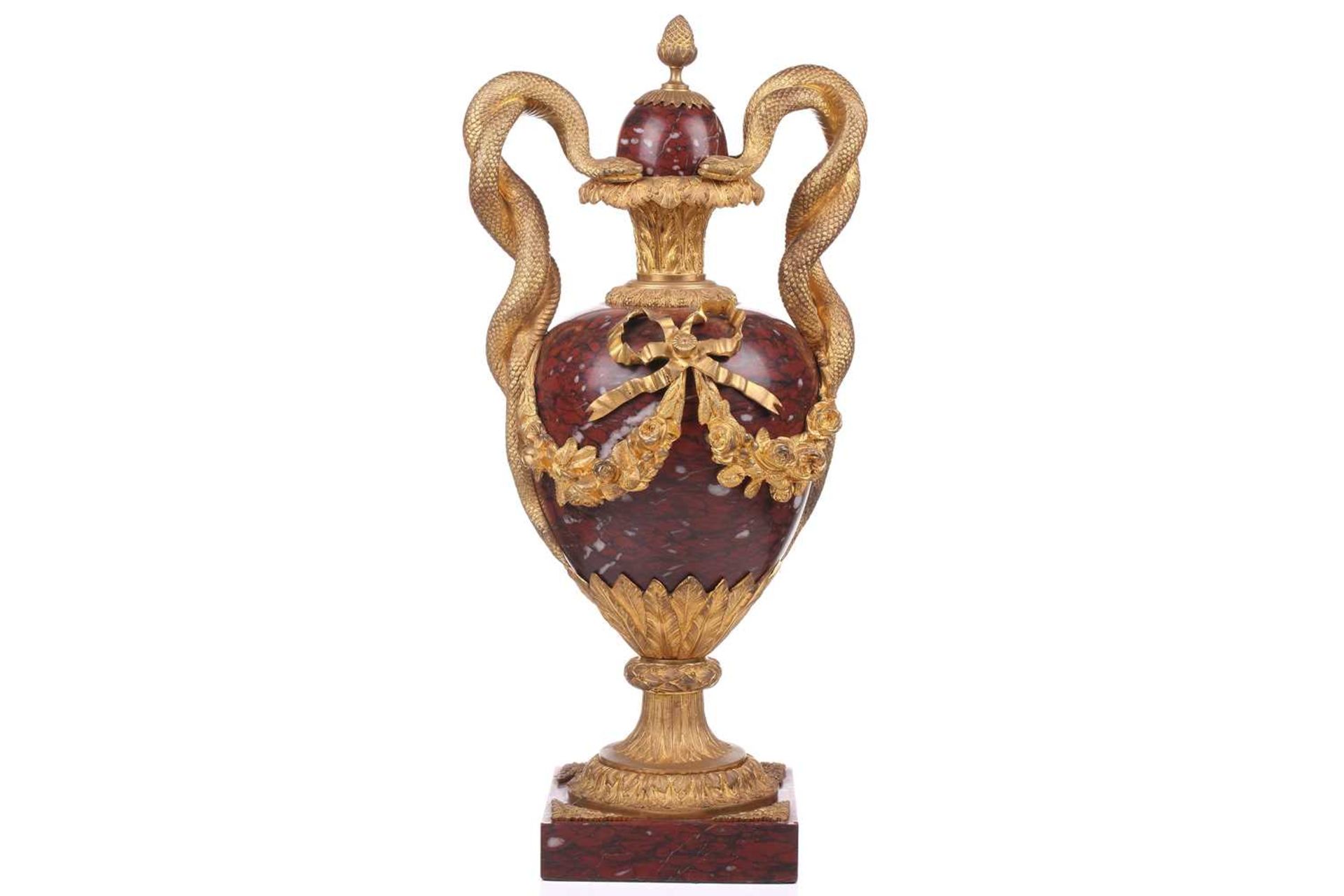 A pair of fine large Napoleon III rouge marble and ormolu serpent-handled urns and covers, each body - Image 3 of 31