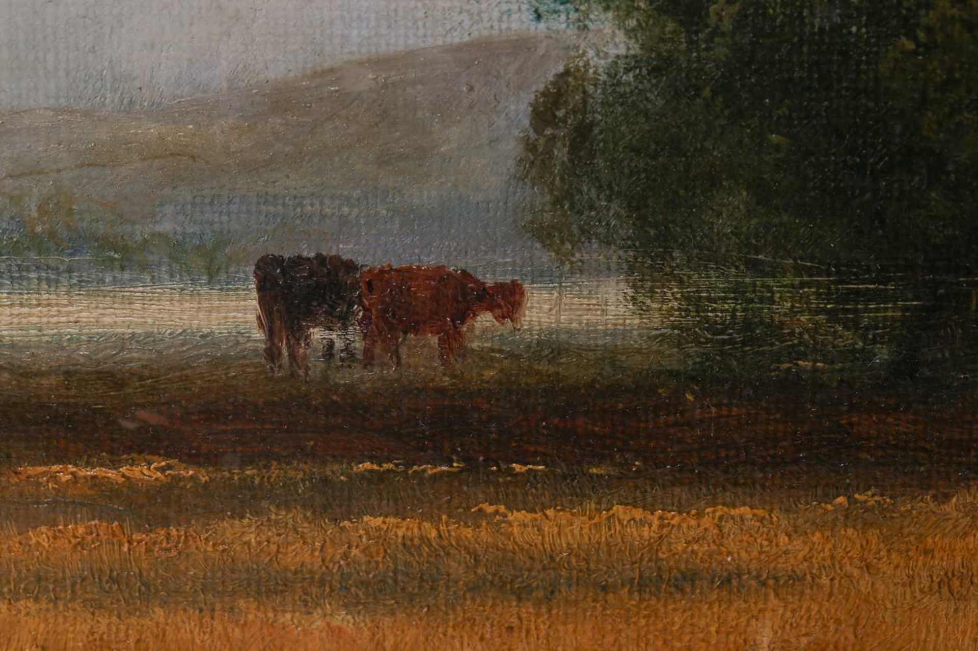 Manner of Joseph Paul Pettitt (1812 - 1882), cattle grazing beneath a tree, a town in the distant, - Image 6 of 13