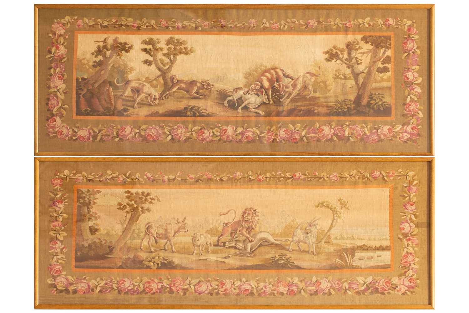 A pair of Aubusson tapestry frieze panels, late 19th/20th century, each woven with combative