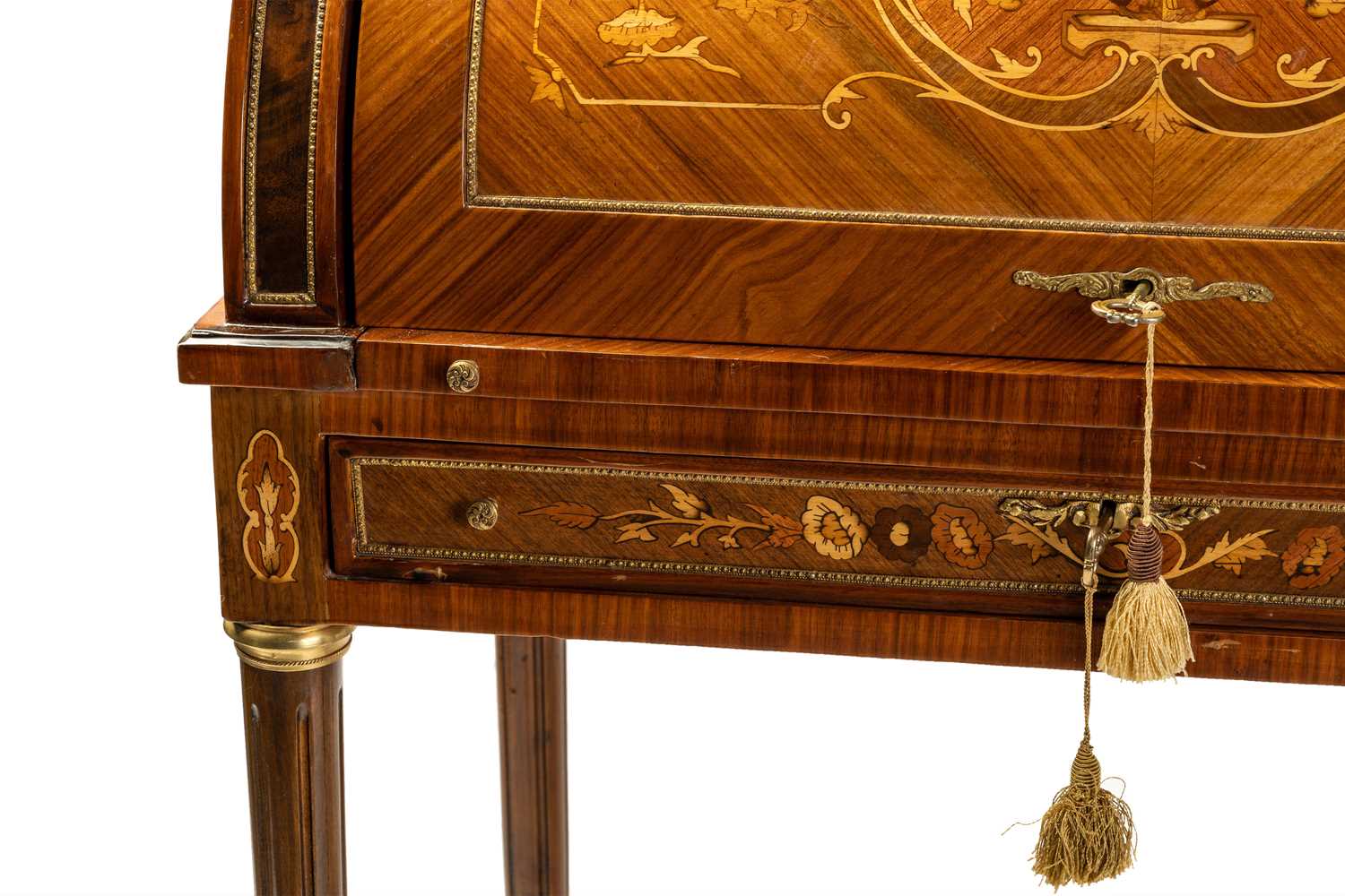 A Louis XVI style marble topped king bureau de cylinder, 20th/21st century, with tulipwood - Image 5 of 8