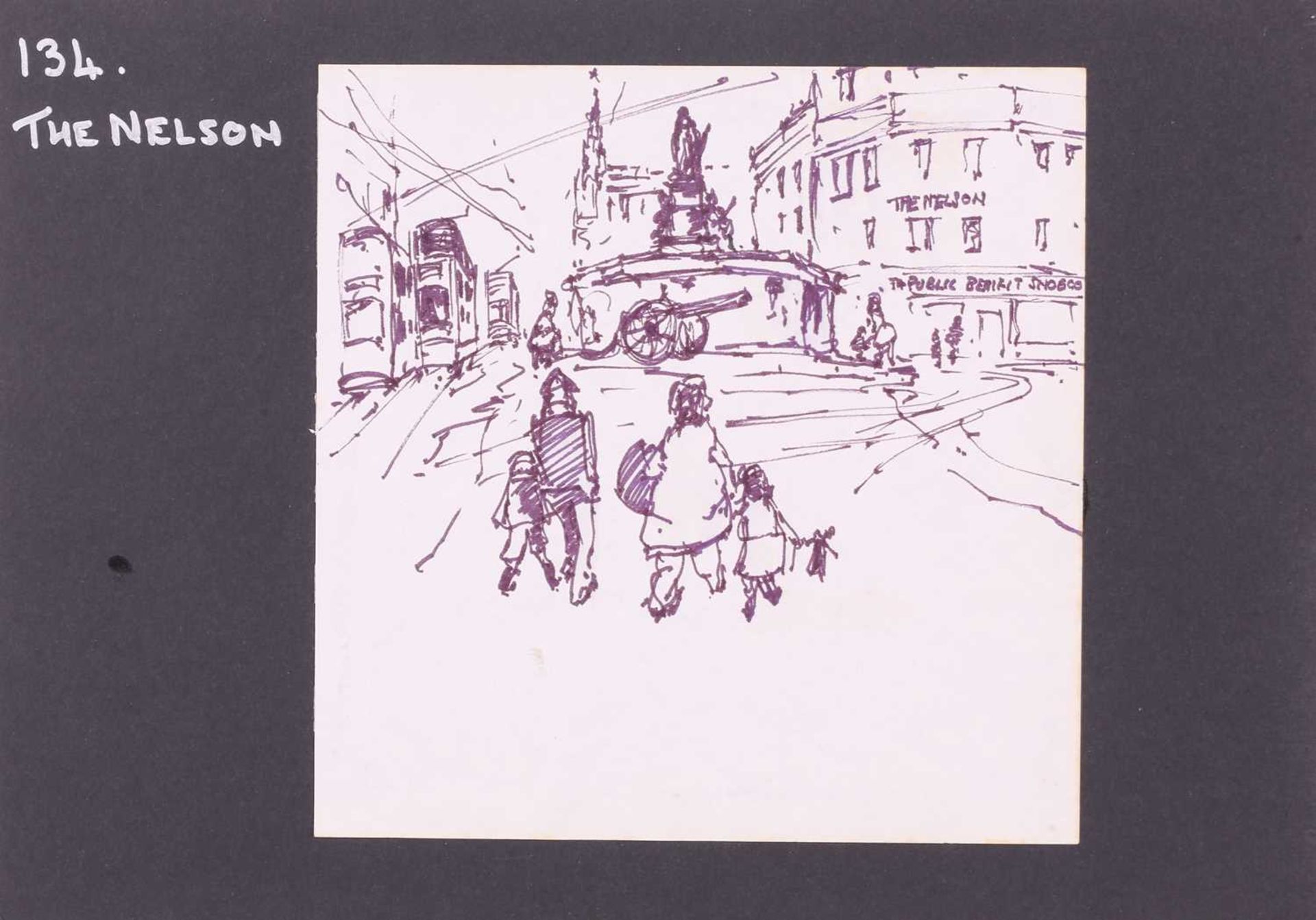 George Cunningham (1924 - 1996), Gentleman guiding ladies across a tram line, signed, pen drawing, - Image 34 of 46