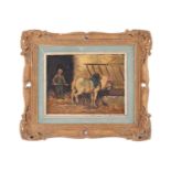 19th-century school (Albin?), farrier with horse, oil on panel, 15 cm x 19.3 cm in a gilt frame.