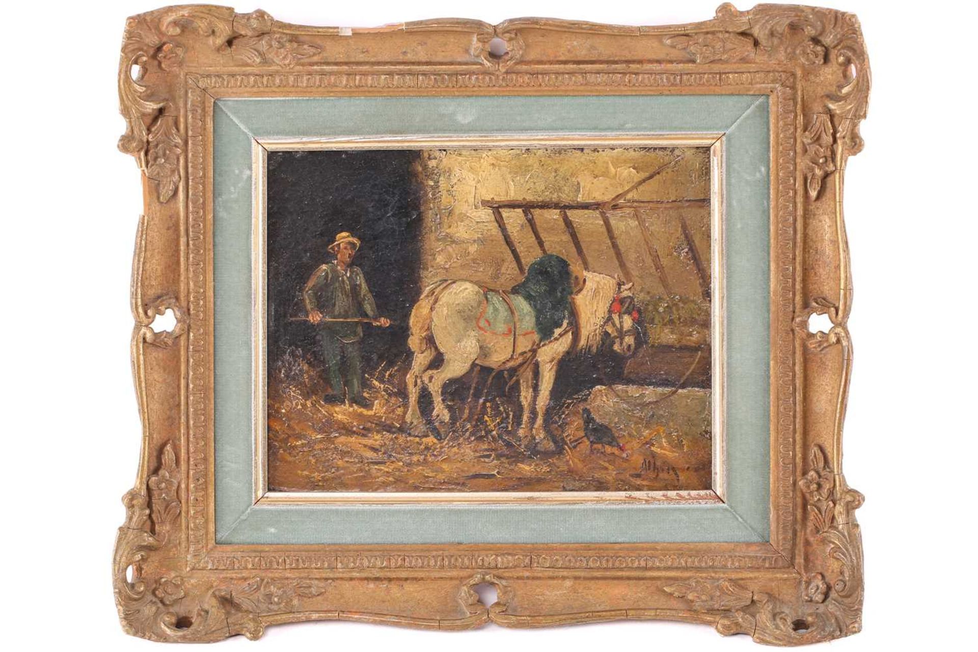 19th-century school (Albin?), farrier with horse, oil on panel, 15 cm x 19.3 cm in a gilt frame.