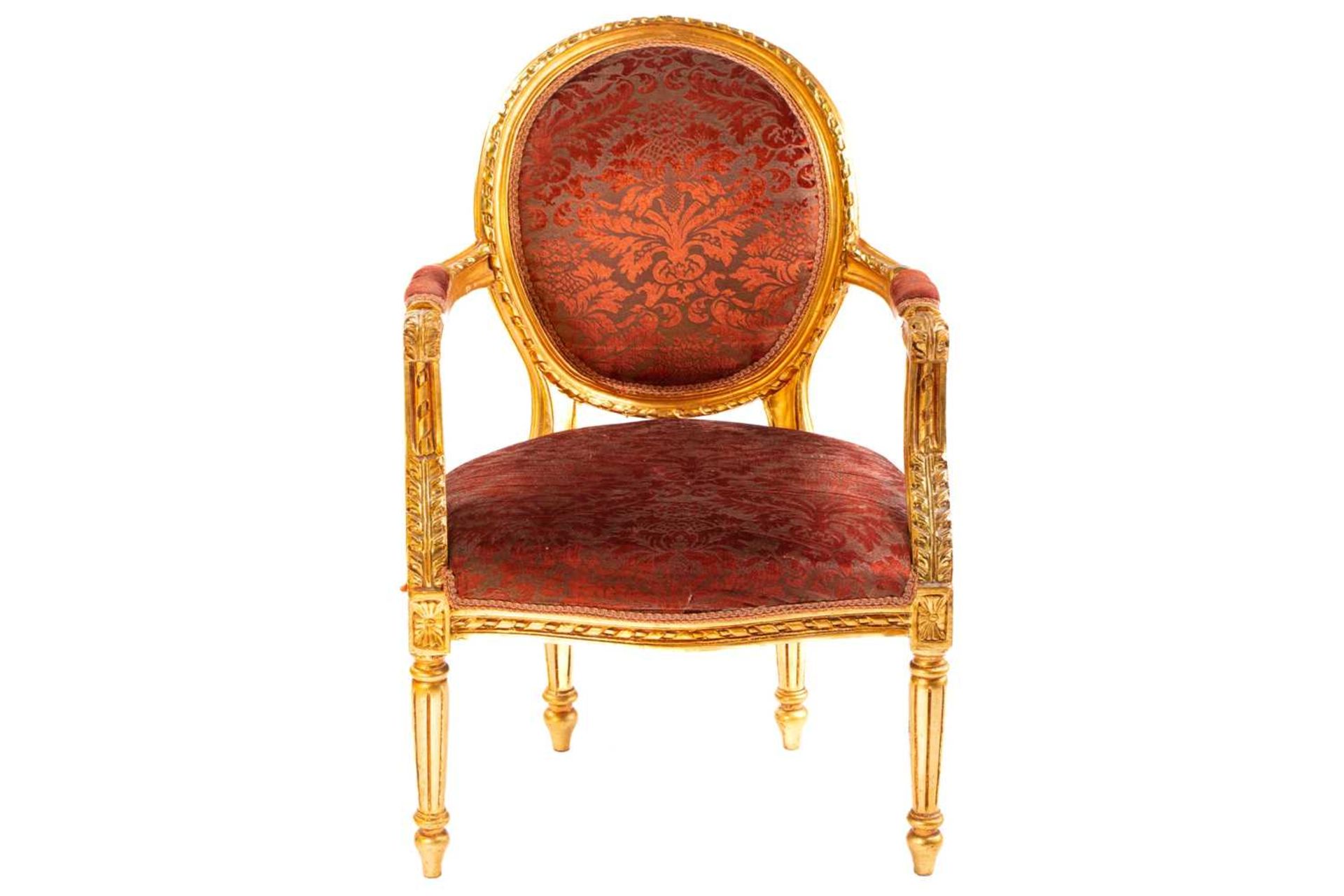 A Louis XVI style gilt wood fauteuil, 20th century, with cameo back and ribbon carved outline, - Image 6 of 17