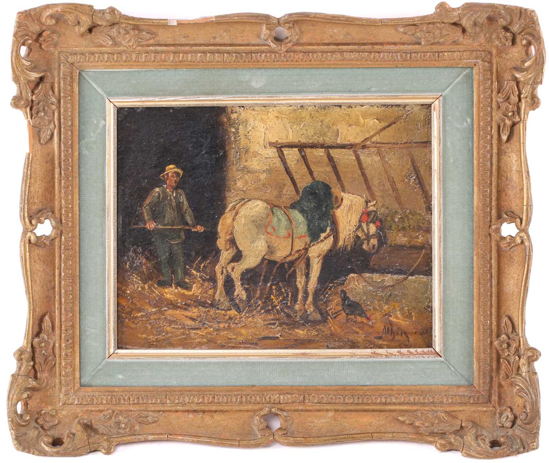 19th-century school (Albin?), farrier with horse, oil on panel, 15 cm x 19.3 cm in a gilt frame. - Image 2 of 9