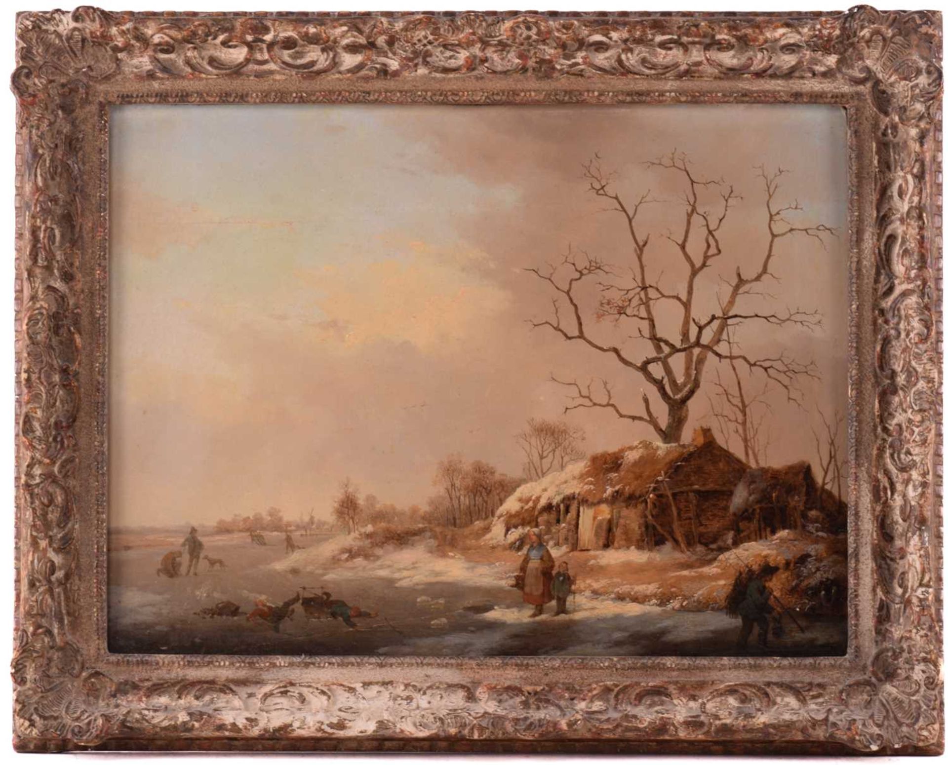 Late 18th / early 19th-century Dutch school, figures on an icy lake, unsigned oil on board, 30.5 - Bild 2 aus 8
