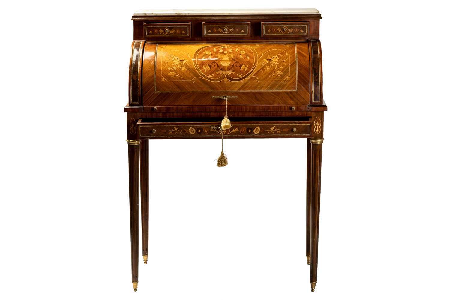 A Louis XVI style marble topped king bureau de cylinder, 20th/21st century, with tulipwood - Image 2 of 8