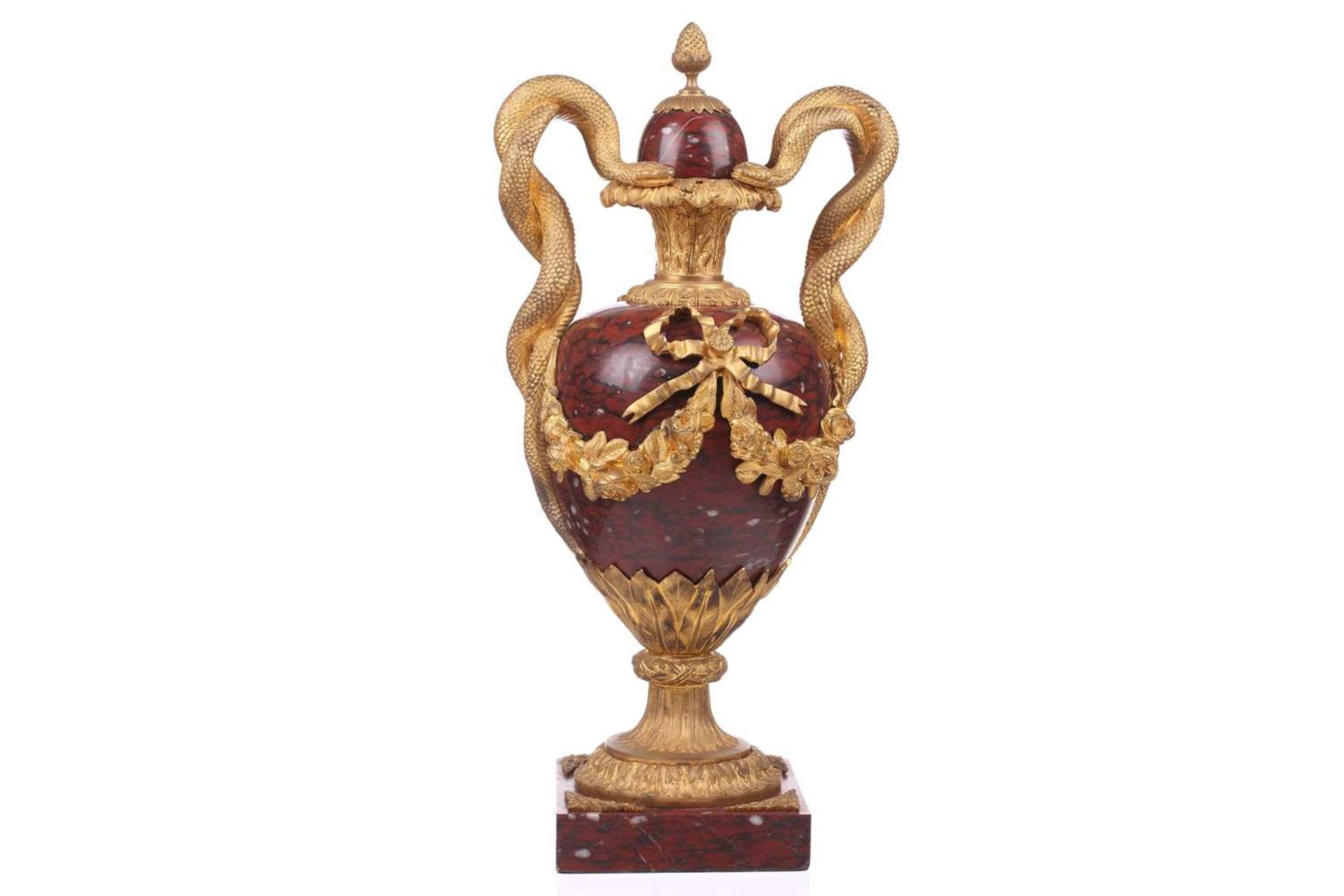 A pair of fine large Napoleon III rouge marble and ormolu serpent-handled urns and covers, each body - Image 30 of 31