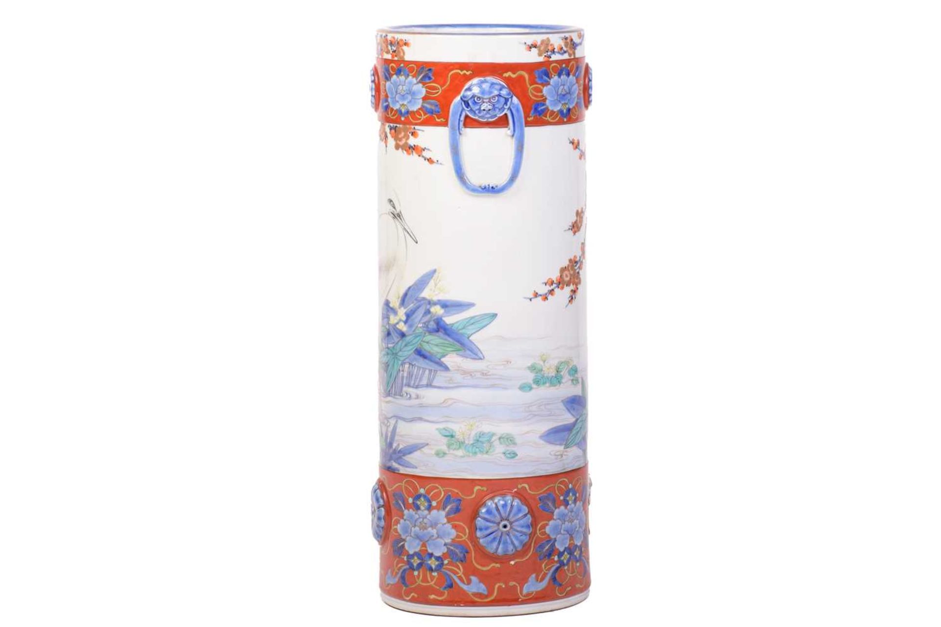 A large Japanese Fukagawa cylindrical porcelain stick stand, Meiji, late 19th century, painted - Image 4 of 16