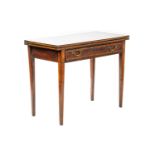 A George III satinwood strung rectangular fold-over tea table with a single frieze drawer on