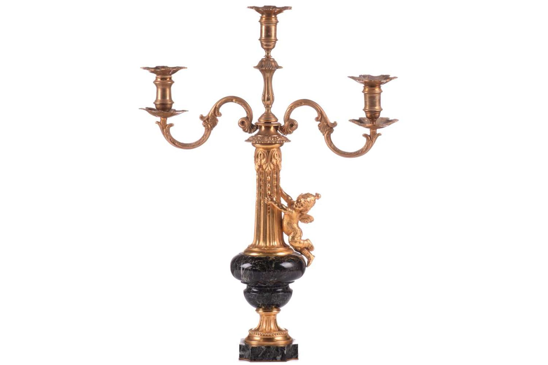 A pair of French marble and ormolu mounted candelabra, circa 1880, with two scrolling branches on - Image 3 of 7