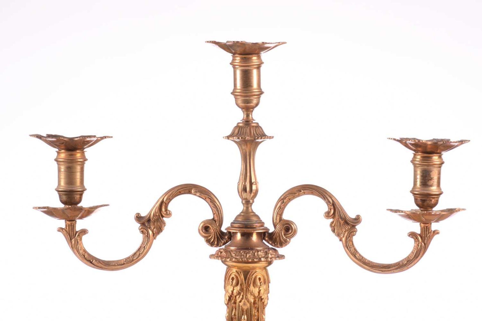 A pair of French marble and ormolu mounted candelabra, circa 1880, with two scrolling branches on - Image 5 of 7