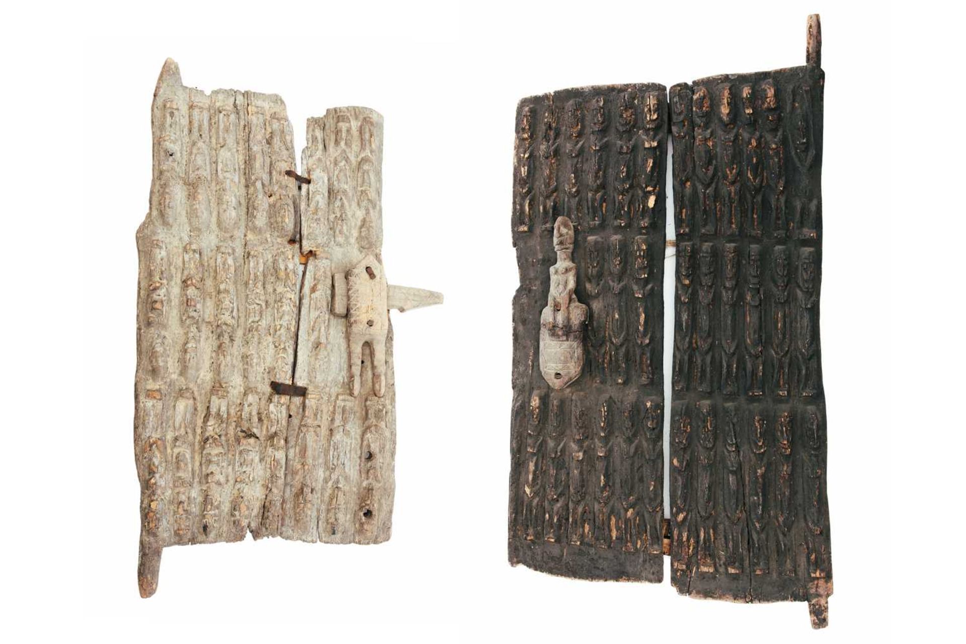 Two Dogon, Mali, carved wood granary doors, each with rows of standing ancestor figures, each carved