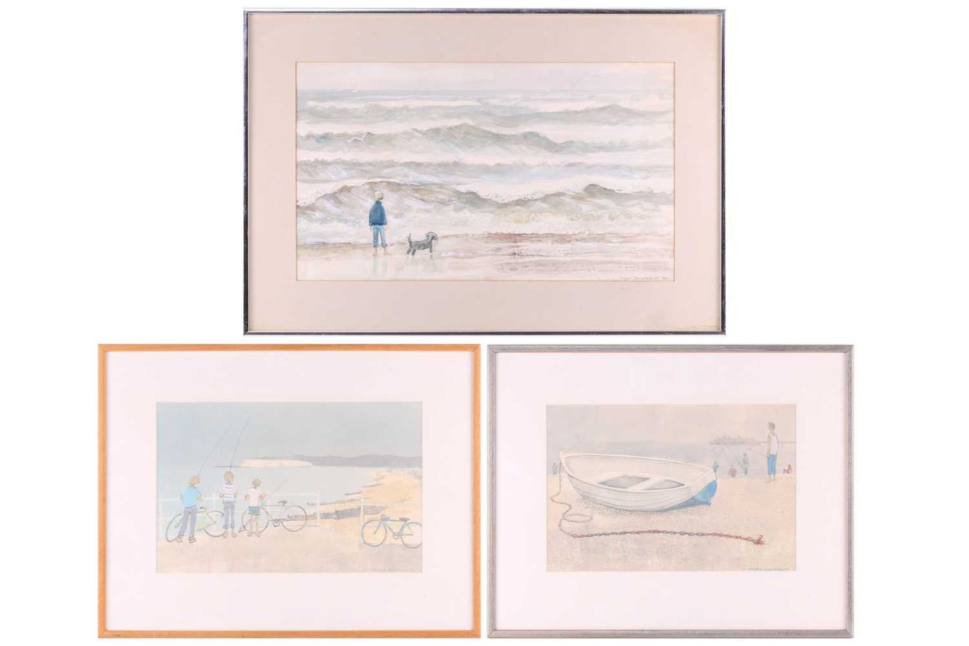 Pamela Townsend (1920 - 2019), 'Boys fishing', 'Boat on Brighton Beach' and 'A blustery walk on