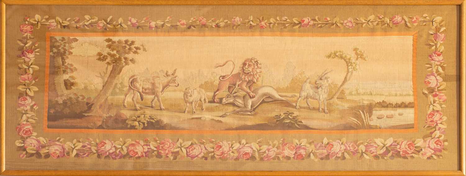 A pair of Aubusson tapestry frieze panels, late 19th/20th century, each woven with combative - Image 4 of 8