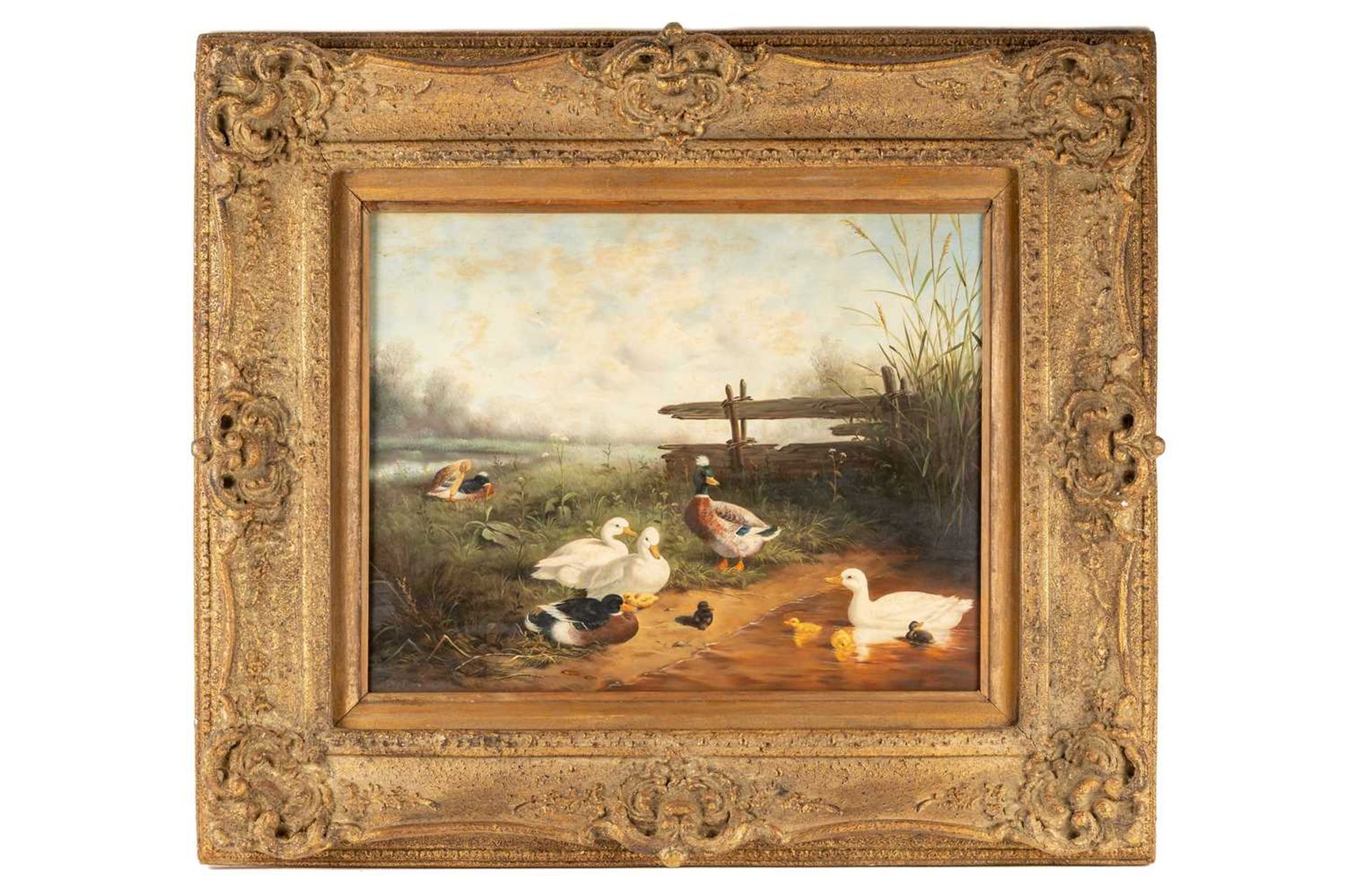 After Constant Artz (1870 - 1951), Ducks at a pond, bears signature C. Artz, oil on board, 38 x 48