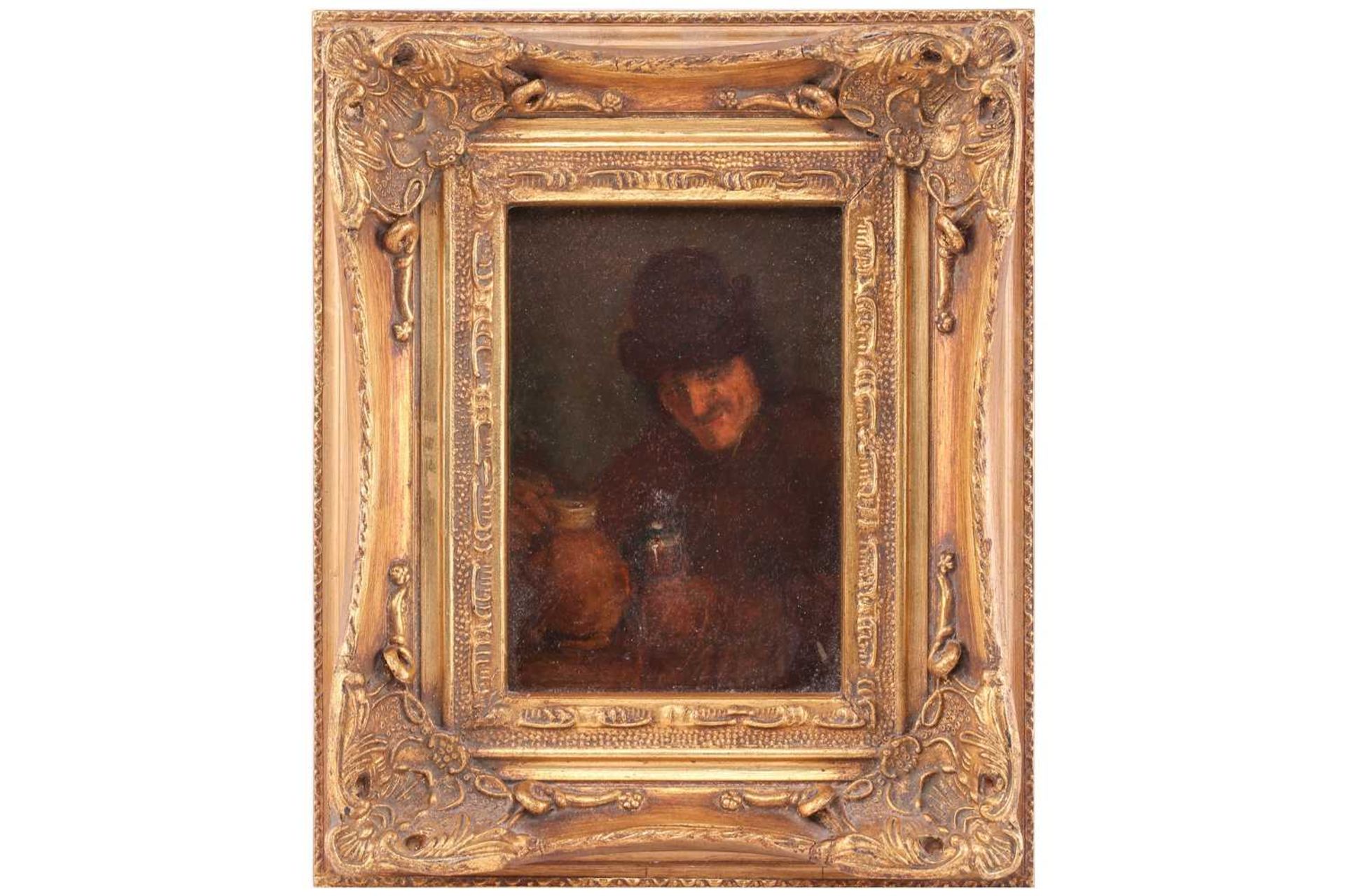 19th century continental school, a Flemish peasant regaling, oil on oak panel, ink inscribed label