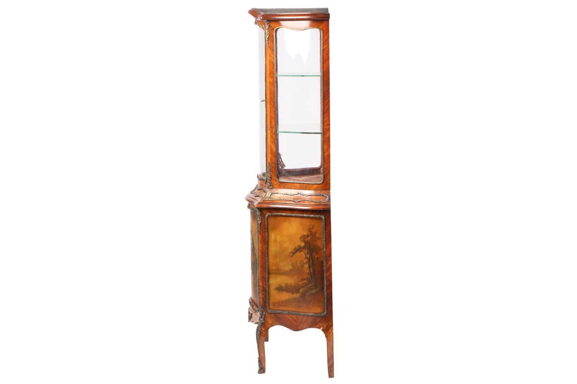 A Louis XV style serpentine figured rosewood and Vernis Martin standing vitrine, late 19th/early - Bild 8 aus 15