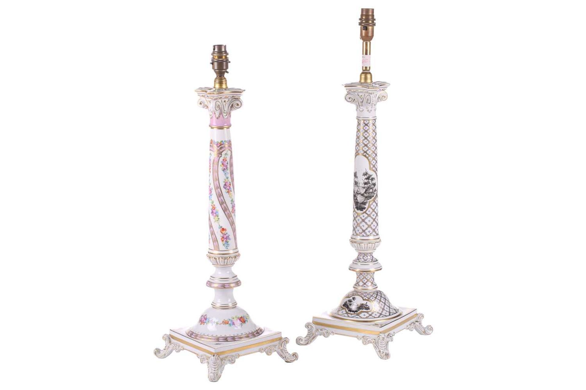 Two large Dresden porcelain column table lamps of matching design but differing decoration, 20th