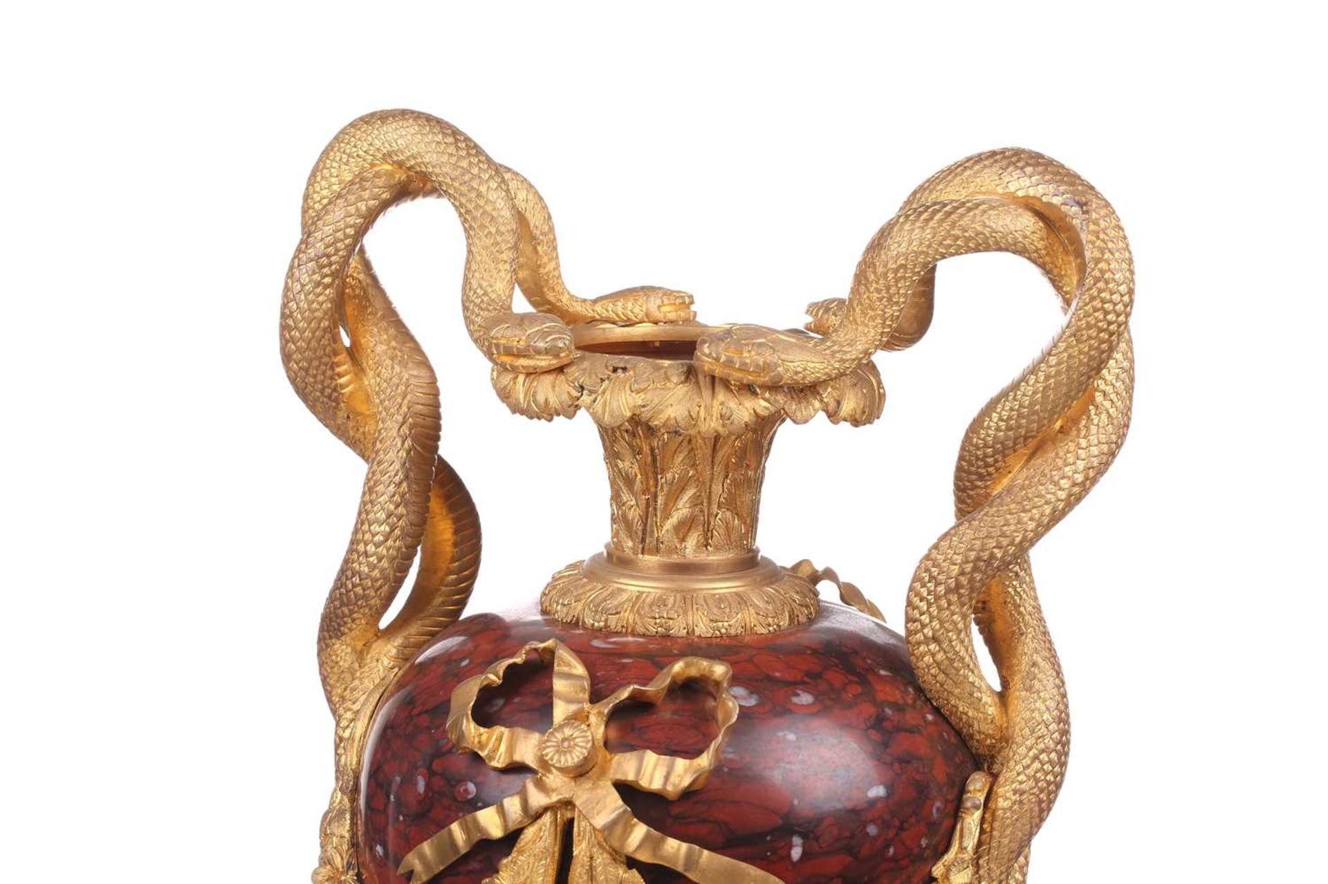 A pair of fine large Napoleon III rouge marble and ormolu serpent-handled urns and covers, each body - Image 22 of 31