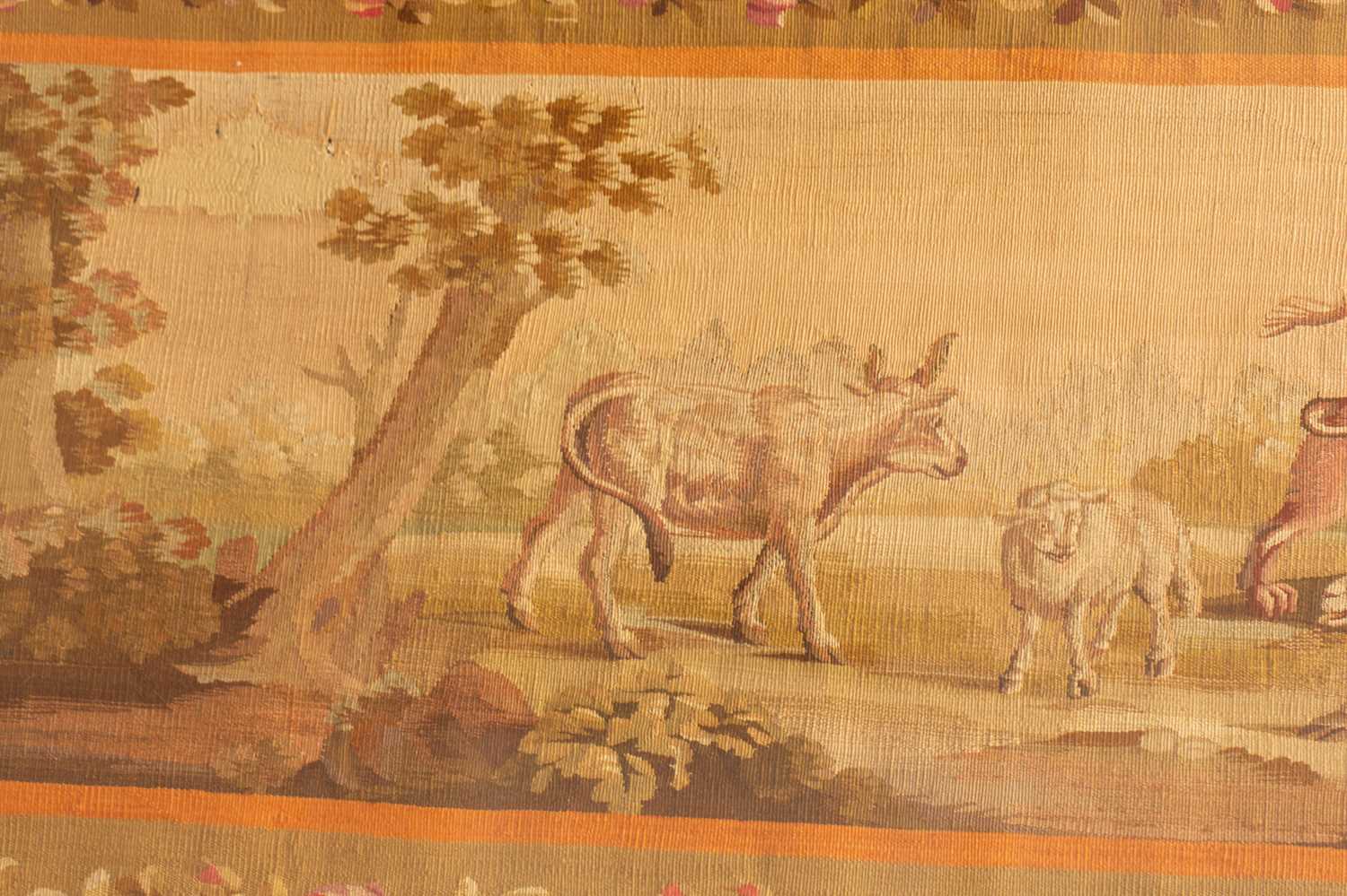 A pair of Aubusson tapestry frieze panels, late 19th/20th century, each woven with combative - Image 7 of 8