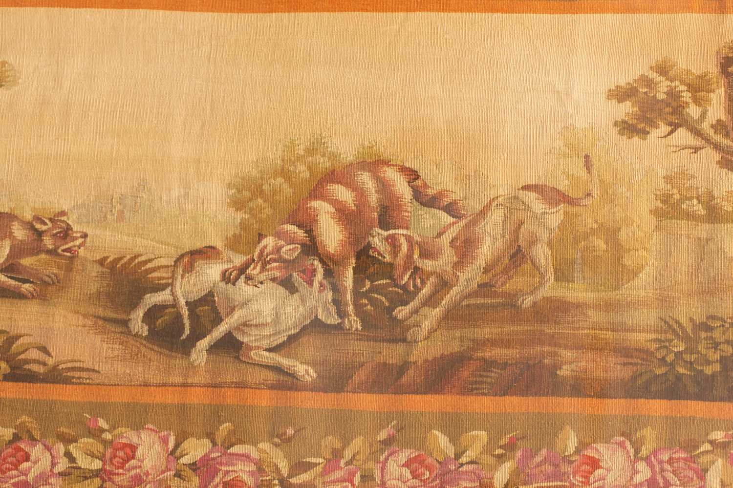 A pair of Aubusson tapestry frieze panels, late 19th/20th century, each woven with combative - Image 8 of 8