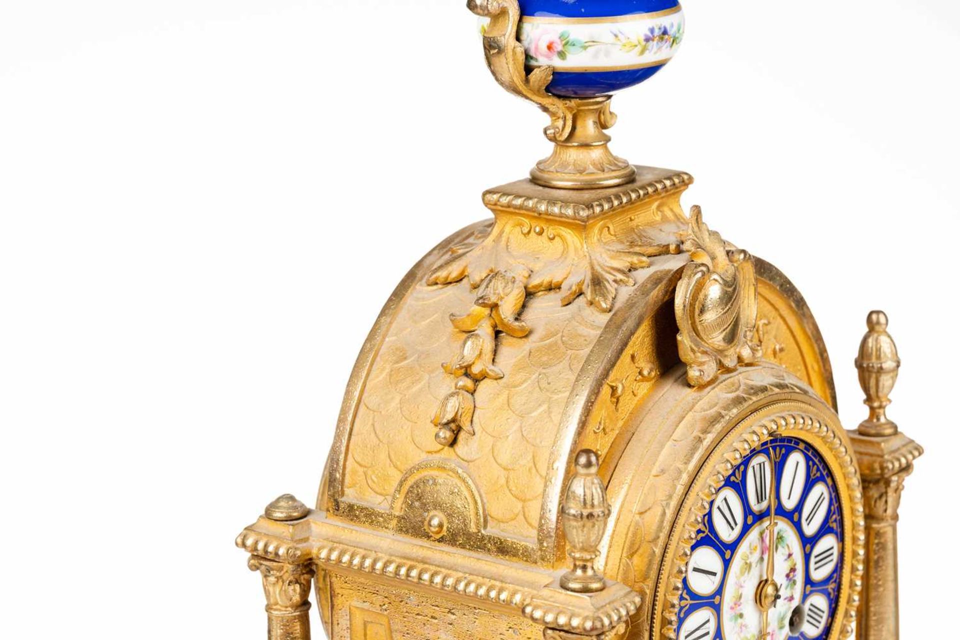 A Louis XVI-style gilt metal cased 8-day mantle clock of architectural arched form, with Sevres - Image 7 of 13