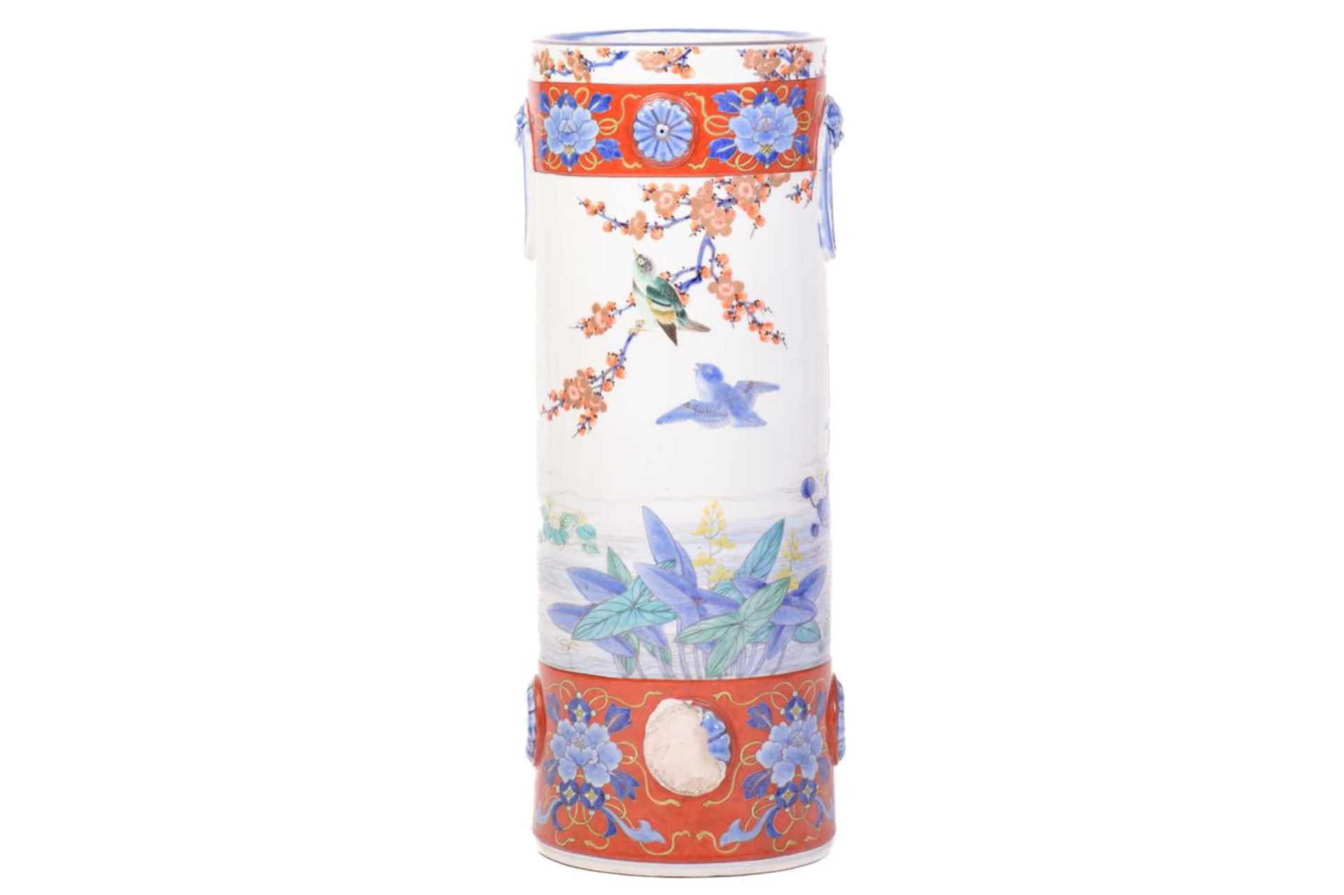 A large Japanese Fukagawa cylindrical porcelain stick stand, Meiji, late 19th century, painted - Image 2 of 16