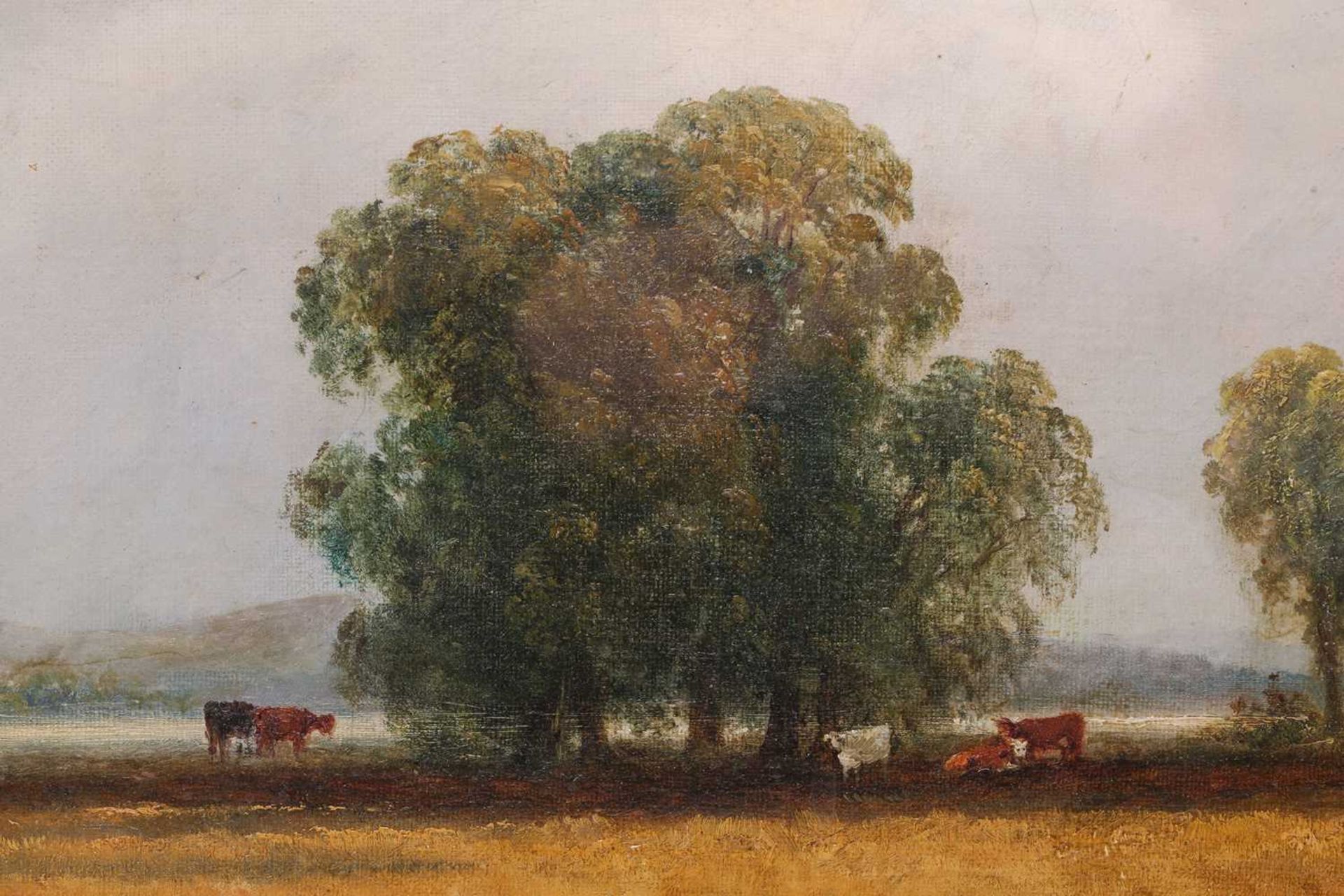 Manner of Joseph Paul Pettitt (1812 - 1882), cattle grazing beneath a tree, a town in the distant, - Image 3 of 13