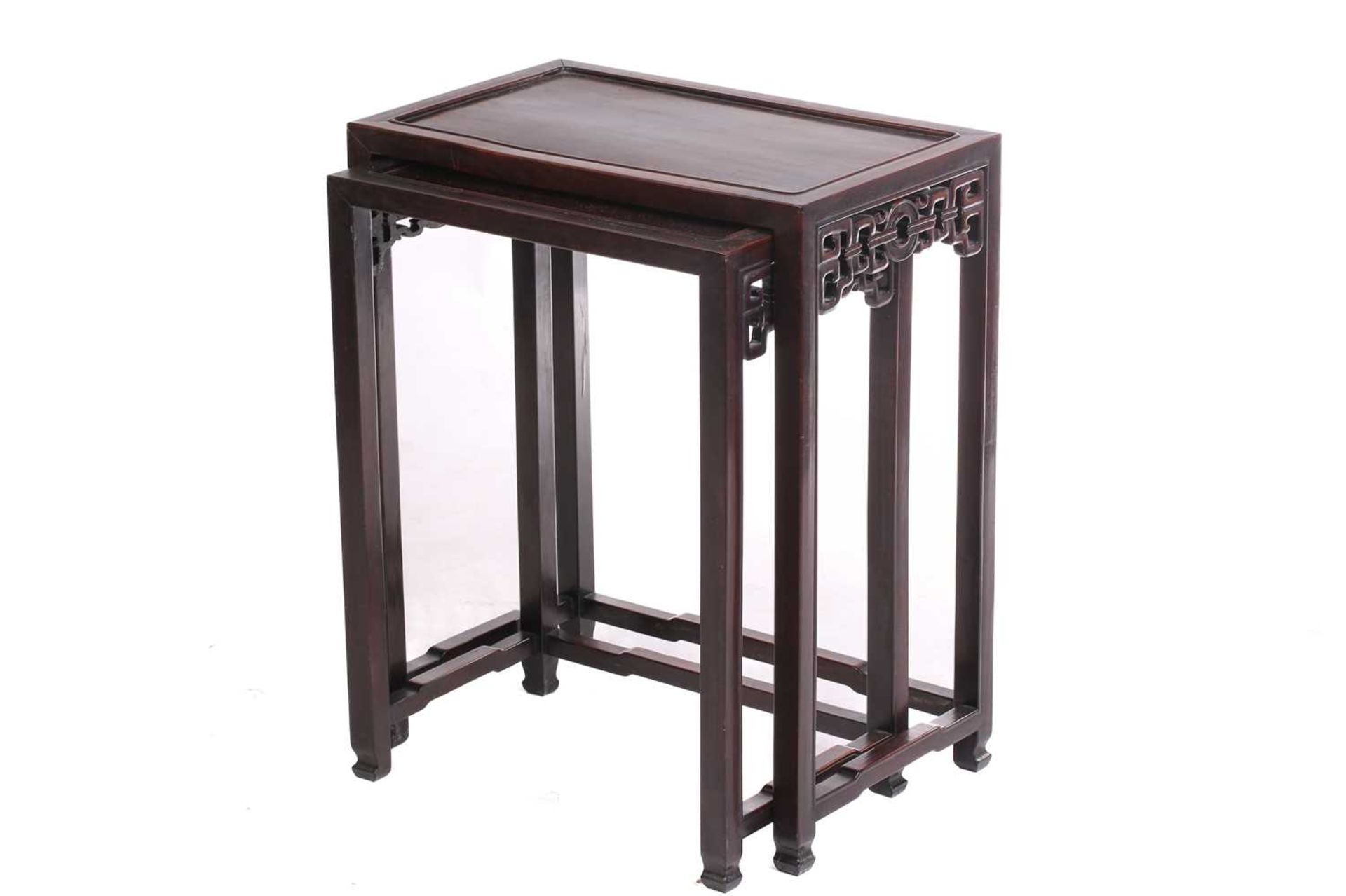 A nest of two Chinese Hongmu tables, early 20th century,of rectangular form with sunken top, with - Image 3 of 10