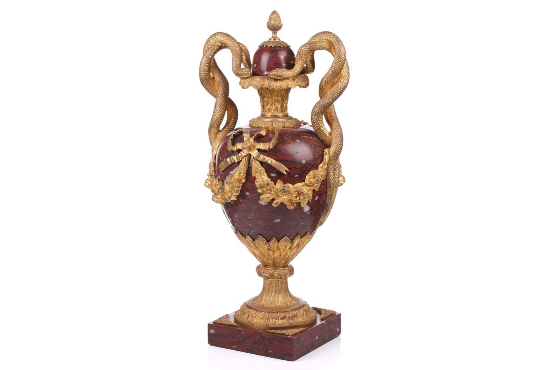 A pair of fine large Napoleon III rouge marble and ormolu serpent-handled urns and covers, each body - Image 4 of 31