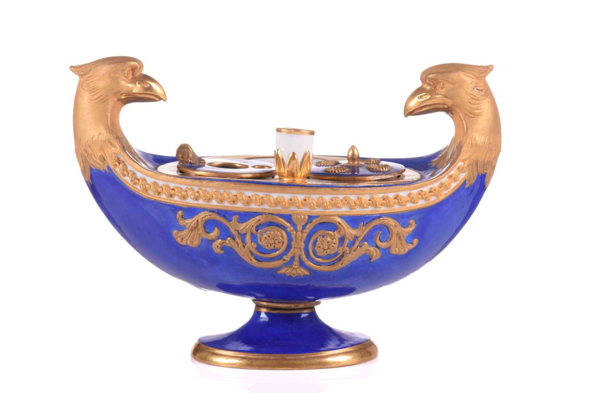 A Sevres porcelain Empire design eagle-headed double, encrier (inkstand), 19th century, the oval - Image 3 of 5