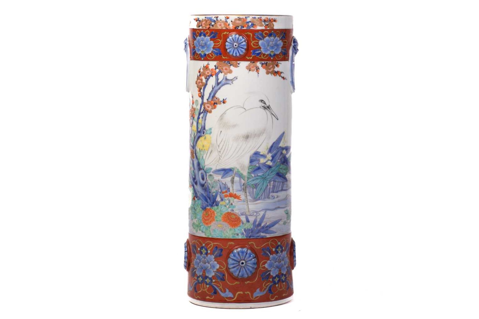 A large Japanese Fukagawa cylindrical porcelain stick stand, Meiji, late 19th century, painted - Image 3 of 16