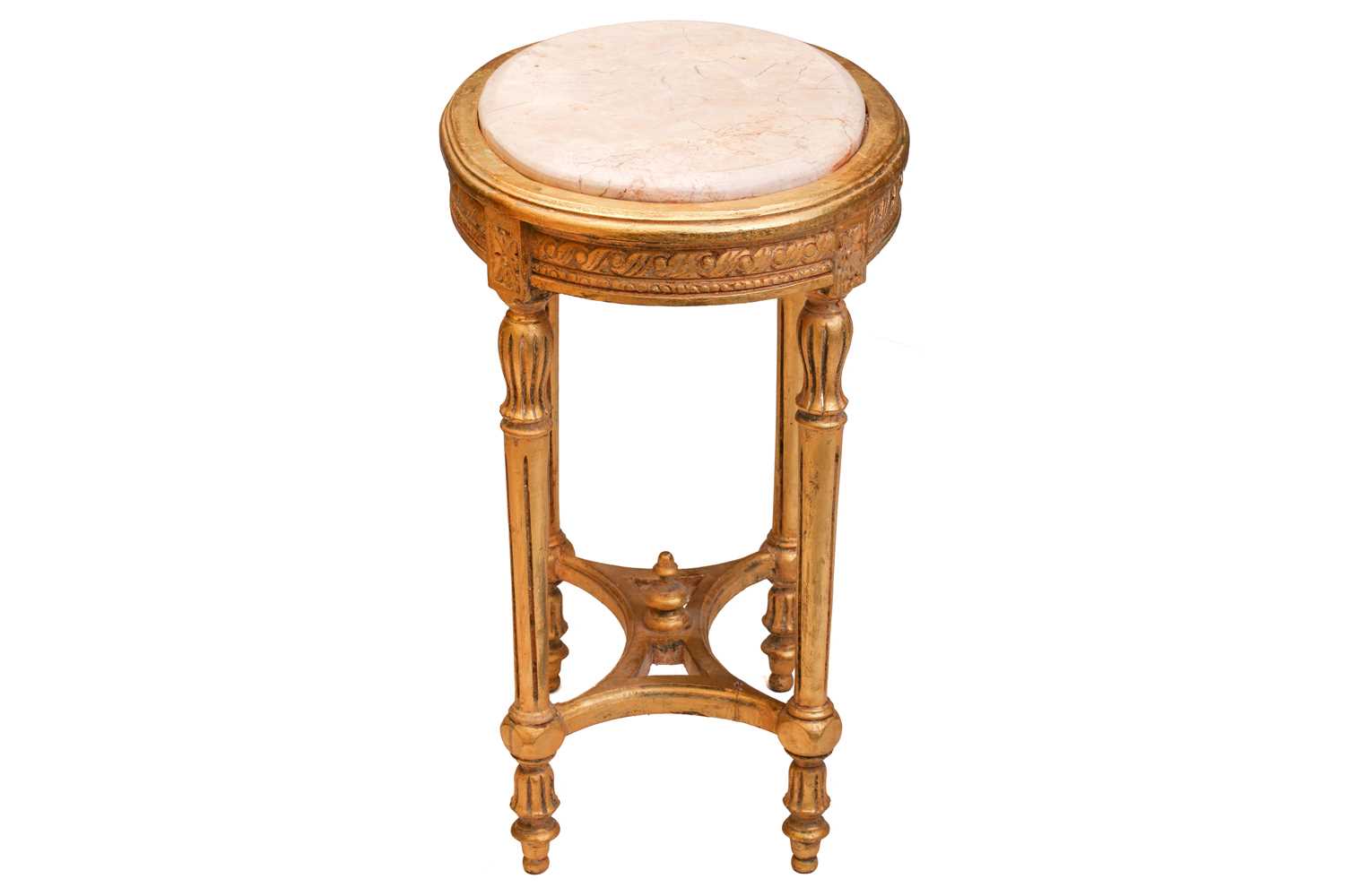 A Louis XVI style marble-topped oval giltwood table, 20th century with turned supports and shaped - Image 6 of 10