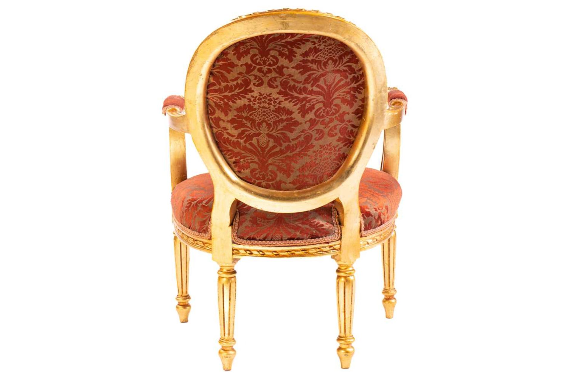 A Louis XVI style gilt wood fauteuil, 20th century, with cameo back and ribbon carved outline, - Image 5 of 17