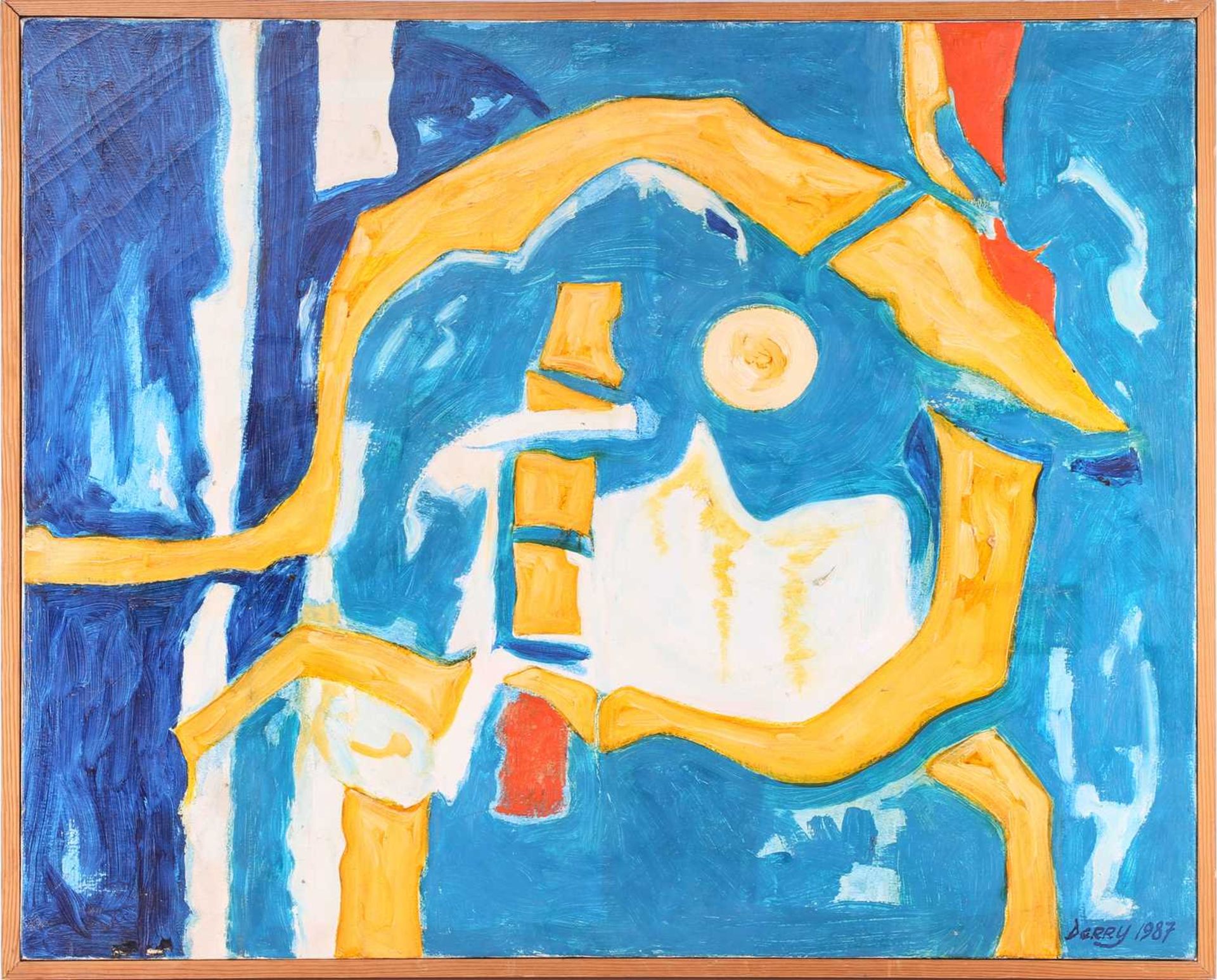 Art Derry (1930-1992) Trinidadian British, Abstract in blue and yellow, signed and dated 1987, oil