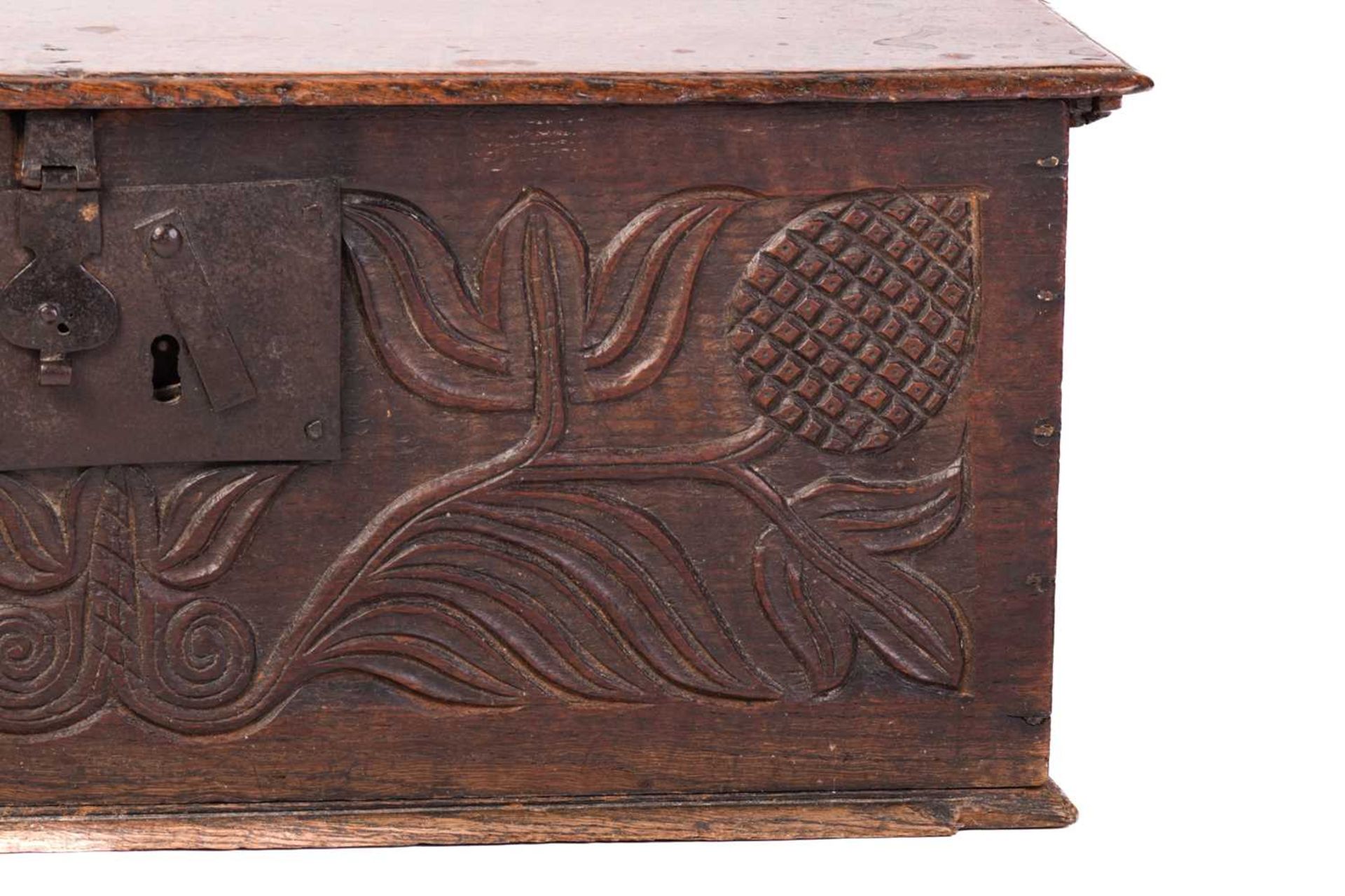 An oak bible box, 17th/18th century, of rectangular form, the front panel carved with stylised - Bild 12 aus 28