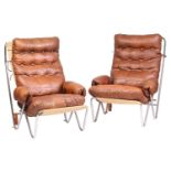 A pair of 'mid-century vintage' Italian tubular chrome cantilever armchairs, 1970s (?) with tan