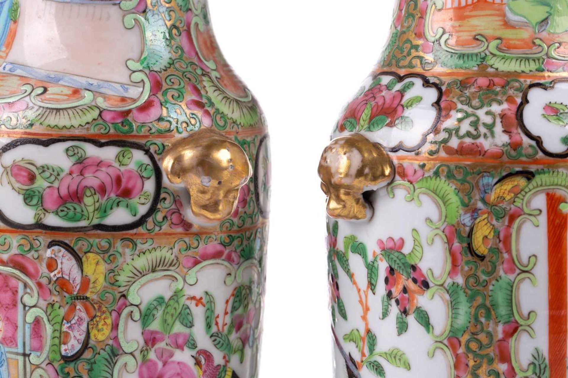 A pair of Chinese Canton enamel vases, circa 1860/1870, painted with alternating panels of - Bild 5 aus 13