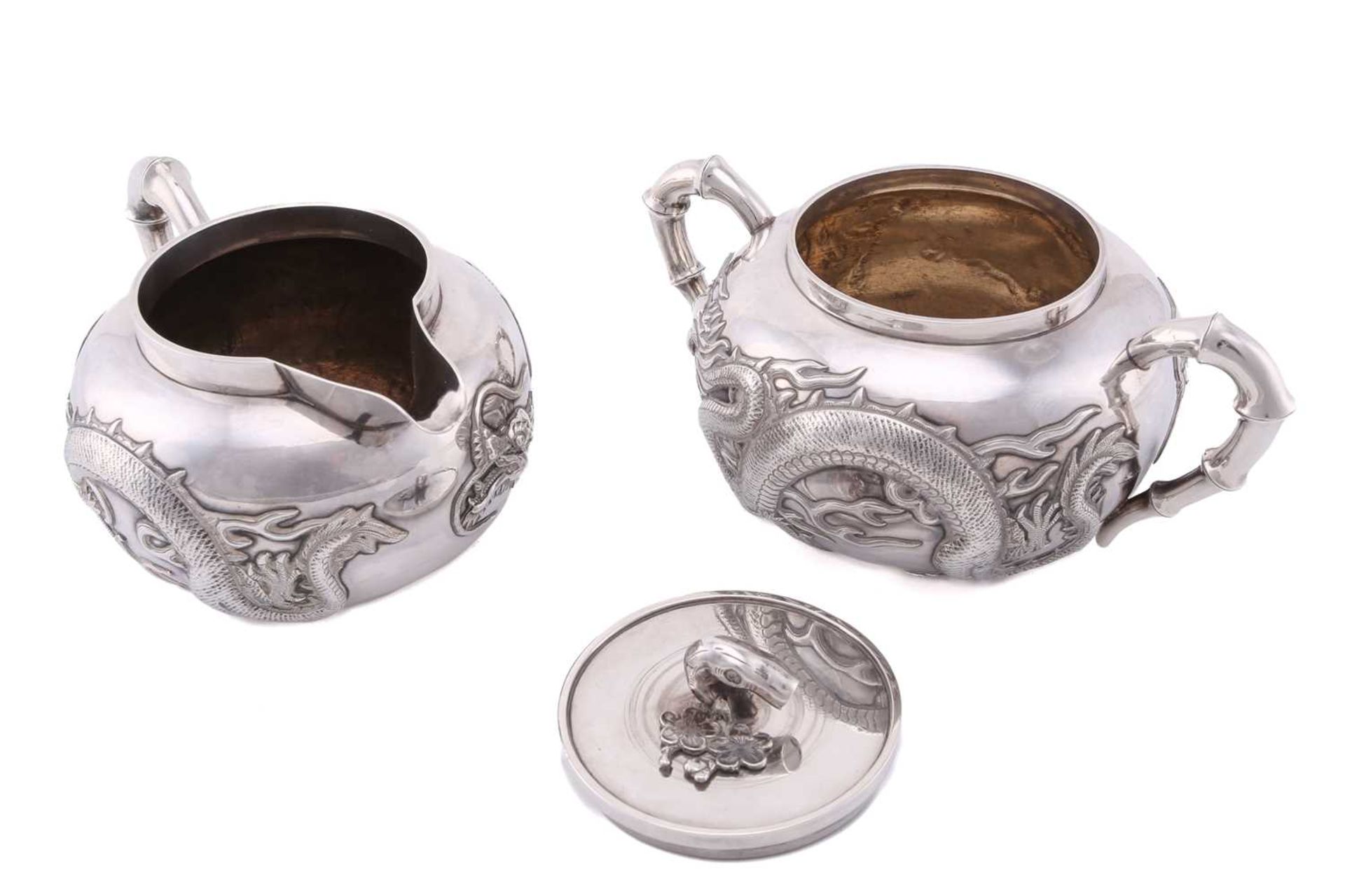 A Chinese silver four piece tea set by Wang Hing, late Qing, the covers with knops in the form of - Image 12 of 24