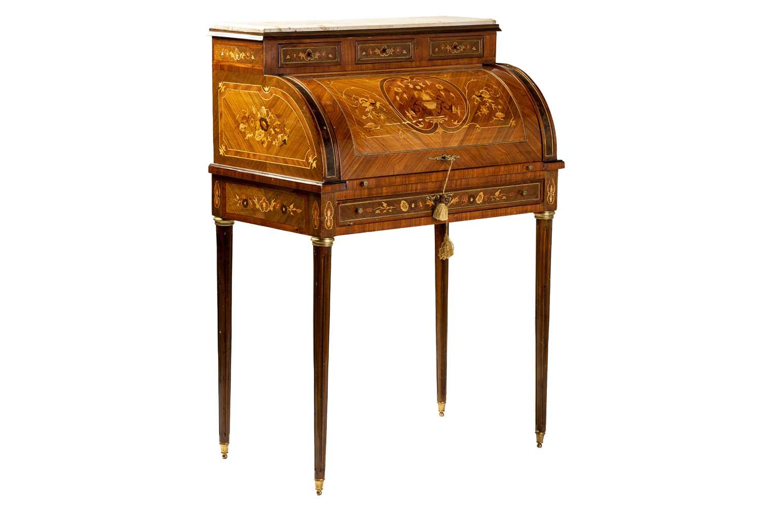 A Louis XVI style marble topped king bureau de cylinder, 20th/21st century, with tulipwood